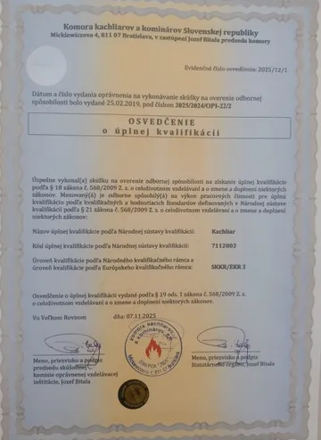 Osvedčenie o úplnej kvalifikácii v odbore kachliar, Komora kachliarov a kominárov SR