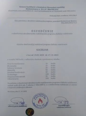 Osvedčenie o absolvovaní akreditovaného vzdelávacieho programu Kachliar